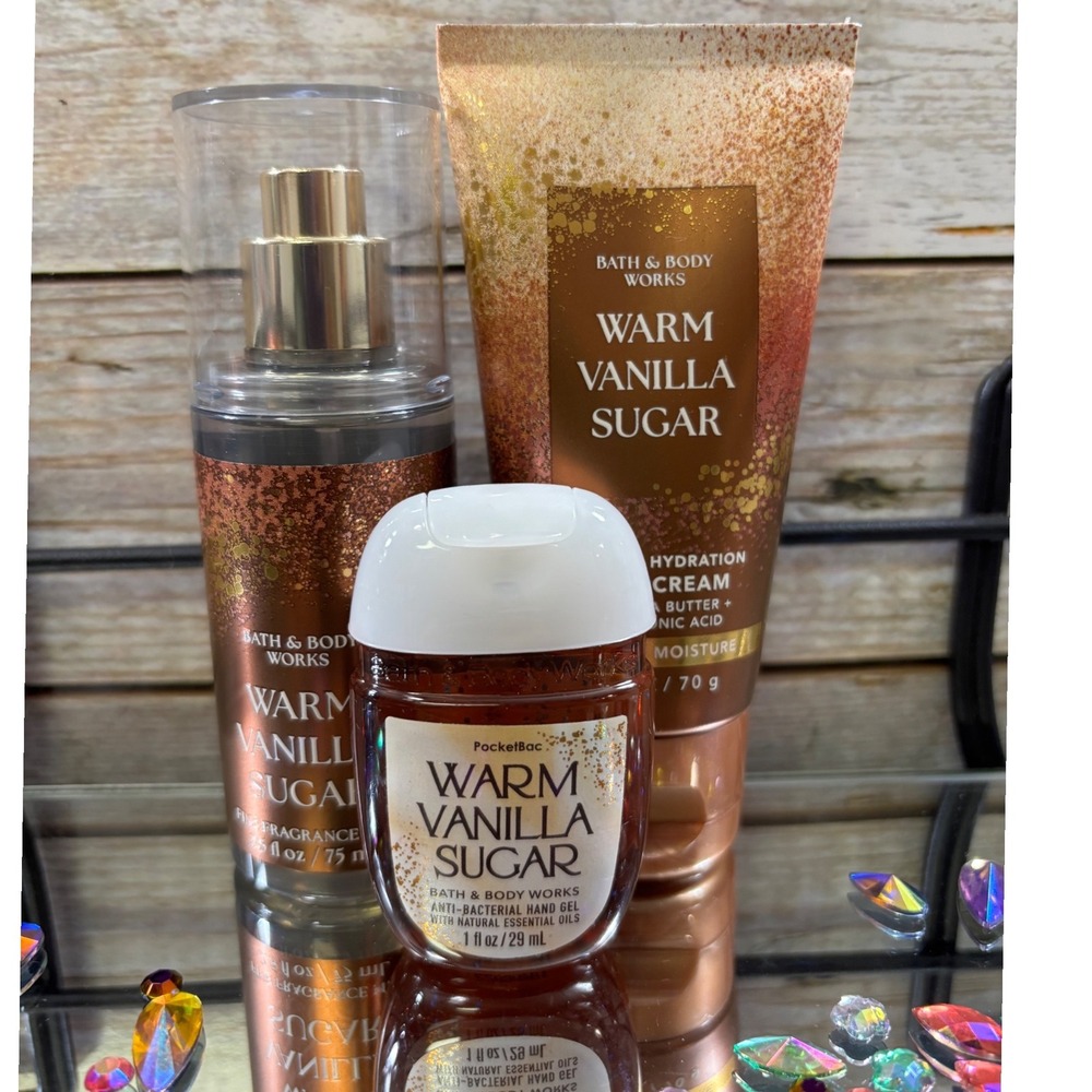 Bath Body Works Warm Vanilla Sugar PocketBac Hand Sanitizer Body Mist Cream Set